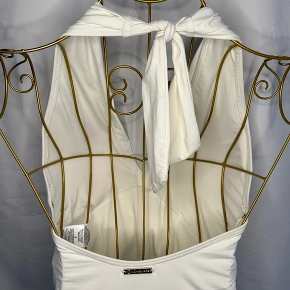 Michael Kors White Ruched V-Neck Halter One Piece Swimsuit - 6 - Picture 8 of 16